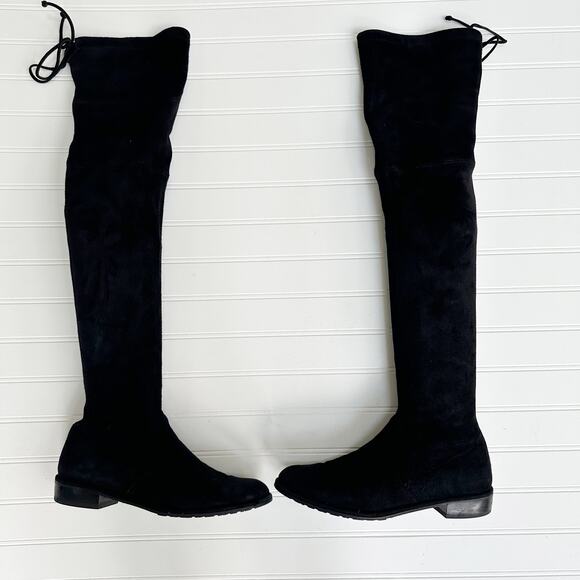Stuart Weitzman Lowland Over-the-Knee Boots Black Suede Flat Tie Back 7.5 - Picture 4 of 11
